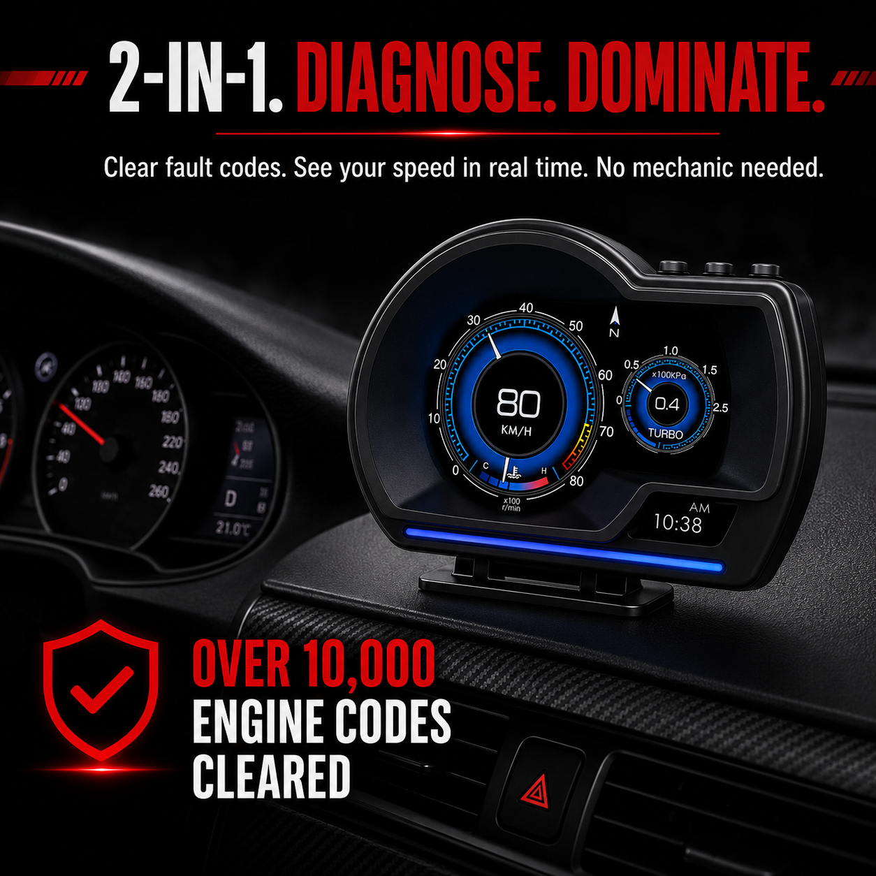 Garage Pro Hub™ ProDash HUD Pro | OBD2 + GPS Smart Display - Speed, RPM, Turbo & Fault Code Monitor