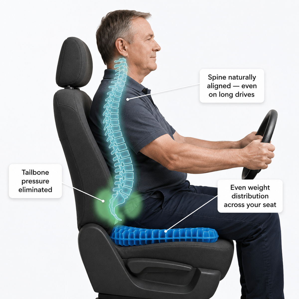 Gel seat cushion spine alignment infographic